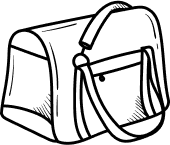 A black and white line drawing of a pet travel bag with a shoulder strap.