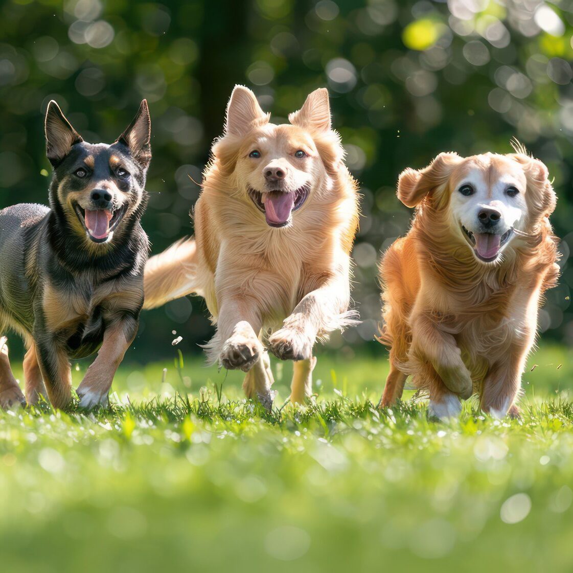 three cute dogs and a cat run happily on the grass.