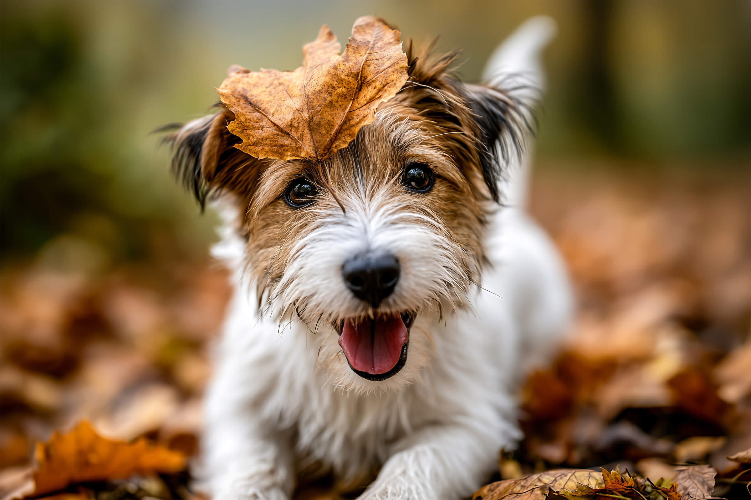 Small dog sitting among autumn leaves